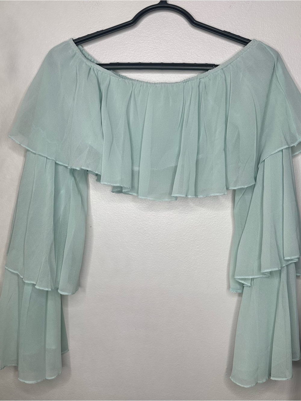 Loness Off-the-Shoulder Ruffled Long Sleeve Crop Top in Mint XS